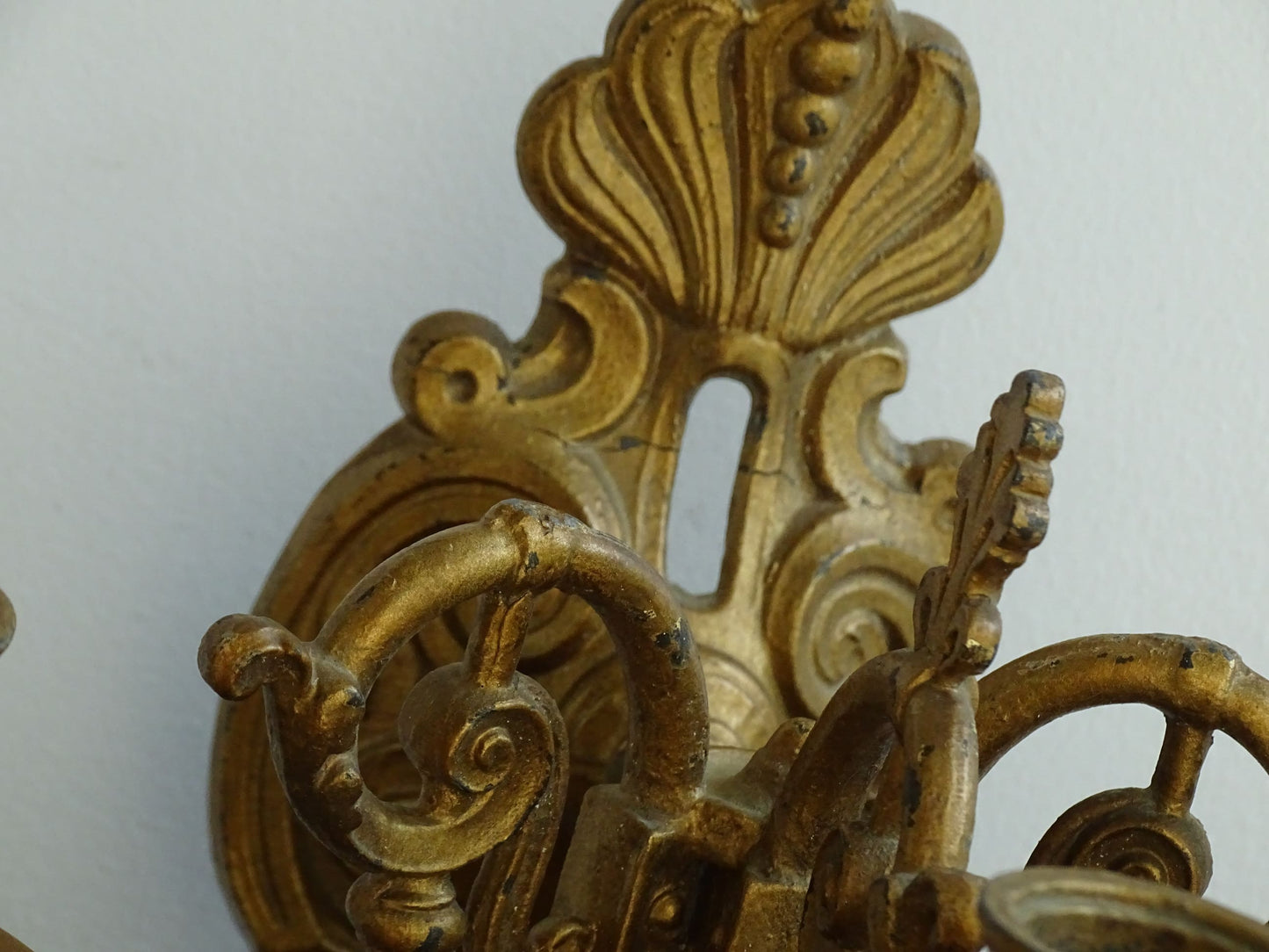 Antique French Wall Sconce in Rococo Style with Place for Three Candles. Antique wall candle holders or gilt sconce.