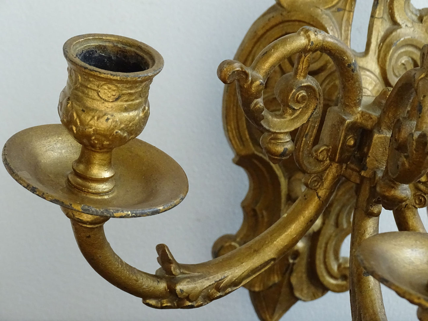 Antique French Wall Sconce in Rococo Style with Place for Three Candles. Antique wall candle holders or gilt sconce.