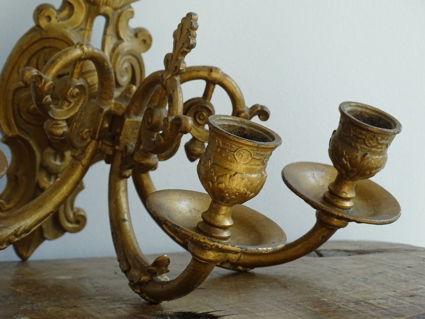 Antique French Wall Sconce in Rococo Style with Place for Three Candles. Antique wall candle holders or gilt sconce.