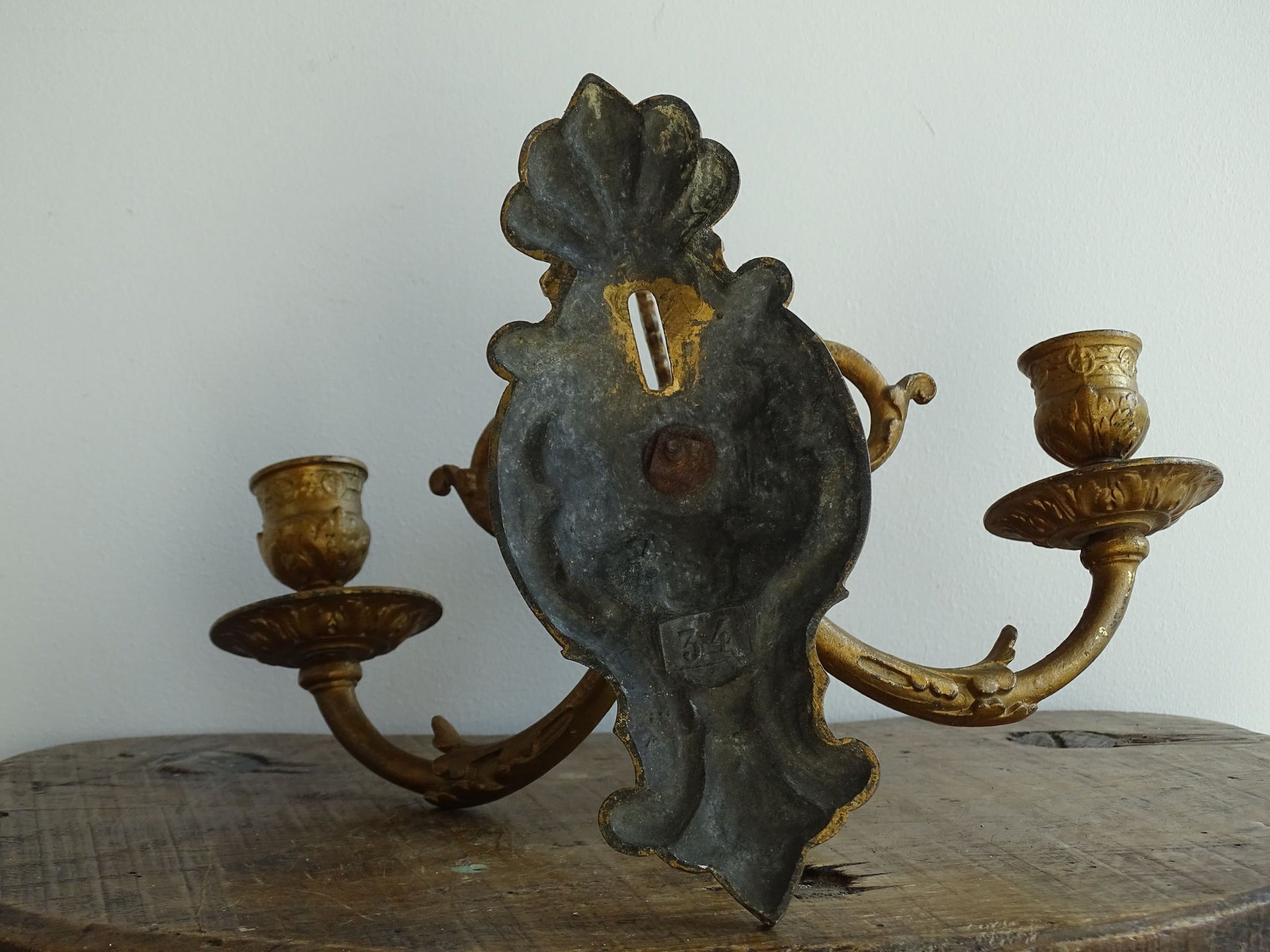 Antique French Wall Sconce in Rococo Style with Place for Three Candles. Antique wall candle holders or gilt sconce.