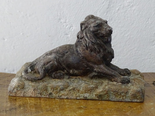 French Antique Cast Metal Lion Ornament on Plinth