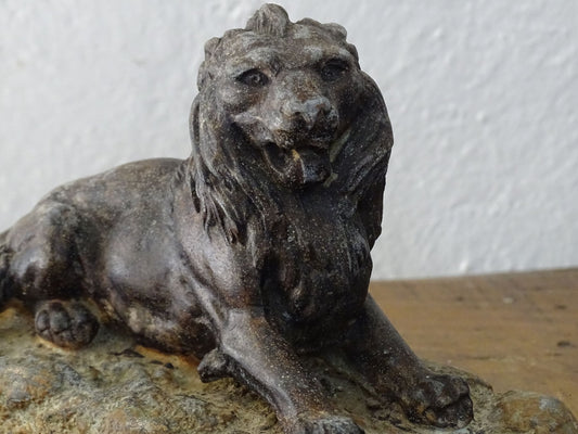 French Antique Cast Metal Lion Ornament on Plinth