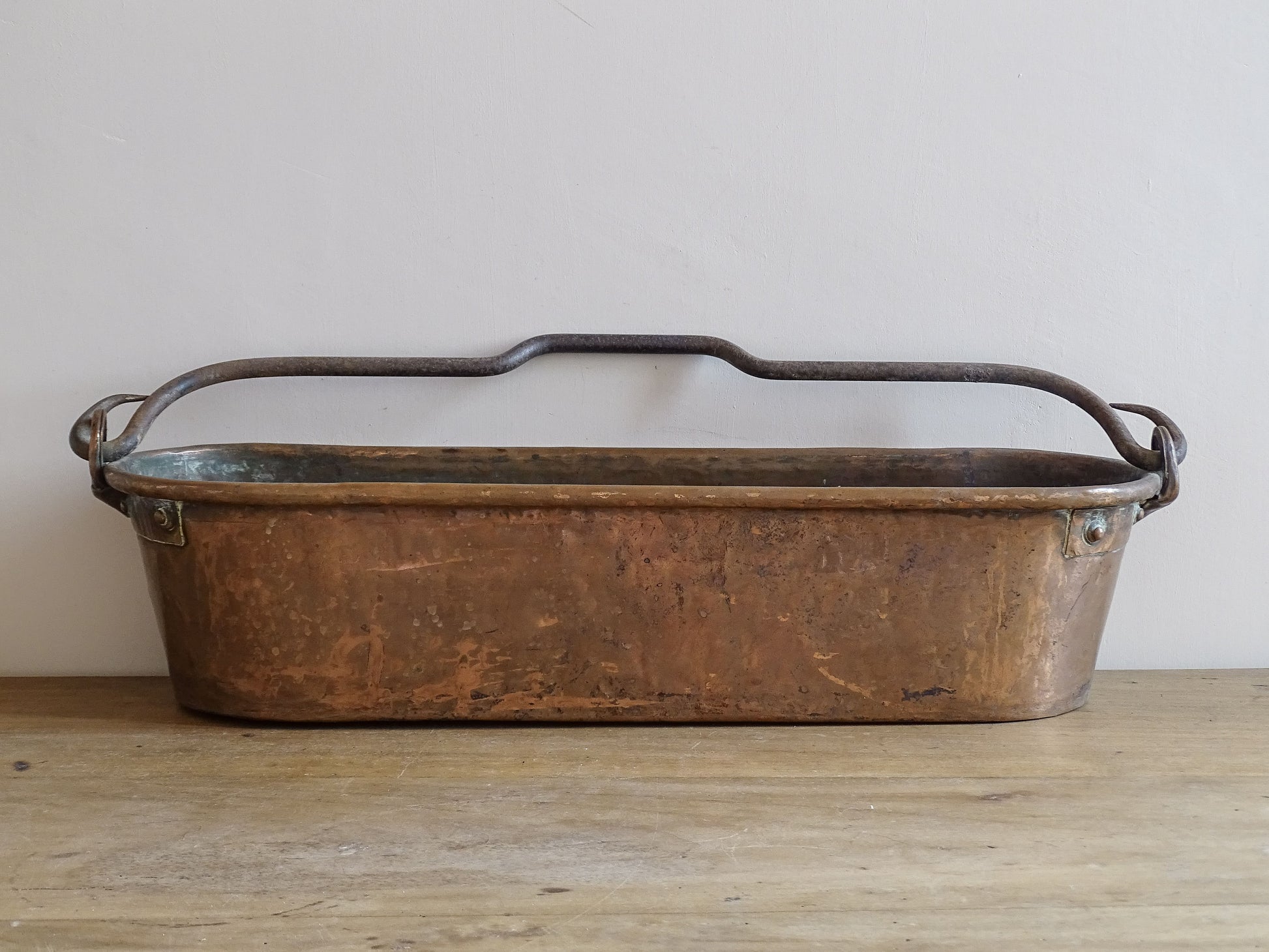 French Antique Copper Fish Poacher with wrought iron handle also known as a Poissonnière or Fish Kettle 