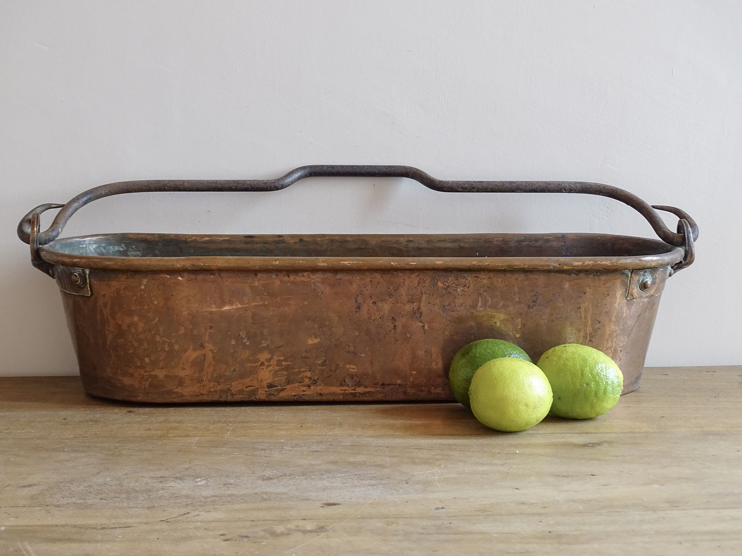 French Antique Copper Fish Poacher with wrought iron handle also known as a Poissonnière or Fish Kettle 