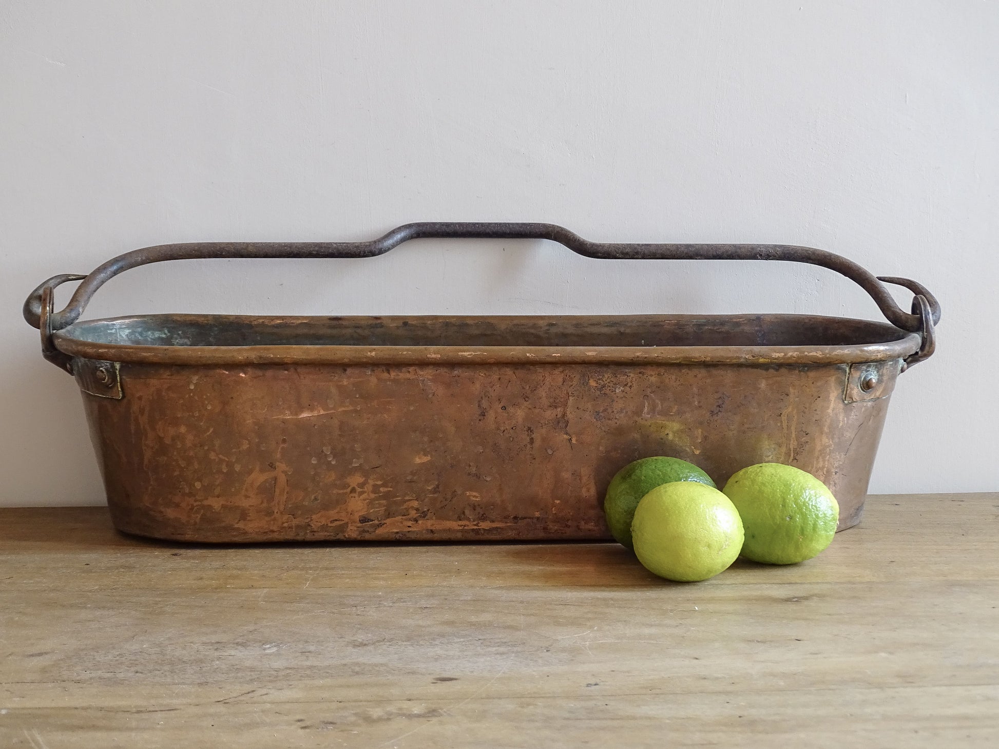 French Antique Copper Fish Poacher with wrought iron handle also known as a Poissonnière or Fish Kettle 