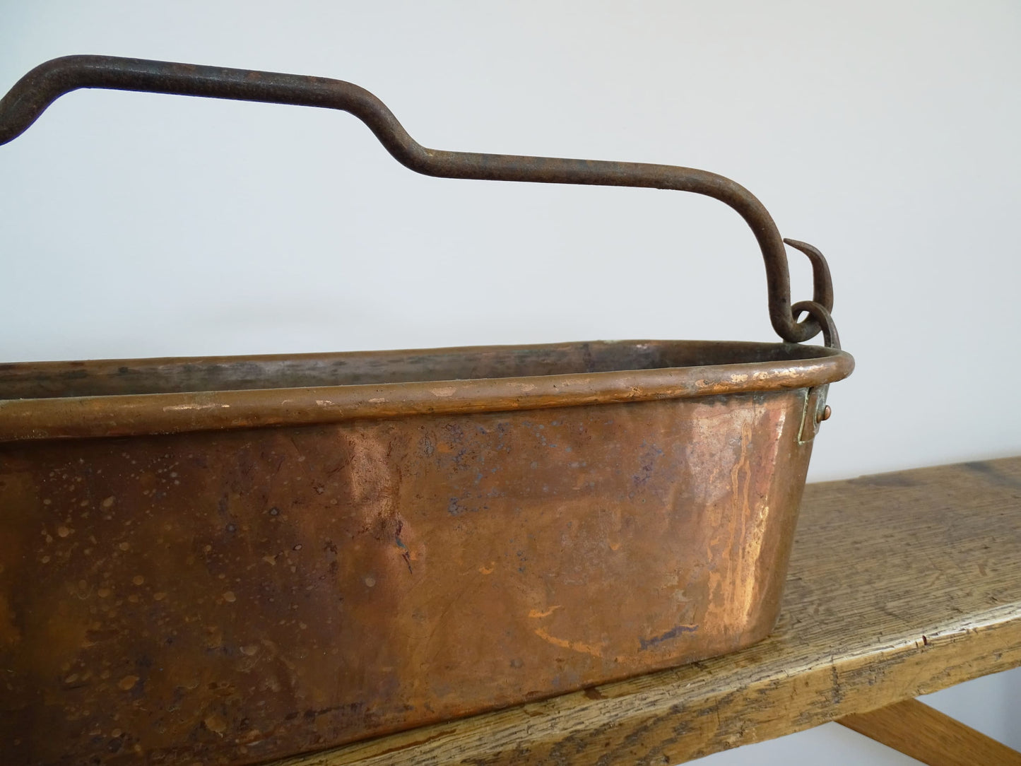 French Antique Copper Fish Poacher with wrought iron handle also known as a Poissonnière or Fish Kettle 