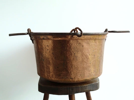 Huge French antique copper cauldron with wrought iron handle and chain, winemaker's cauldron with hammered copper body. 