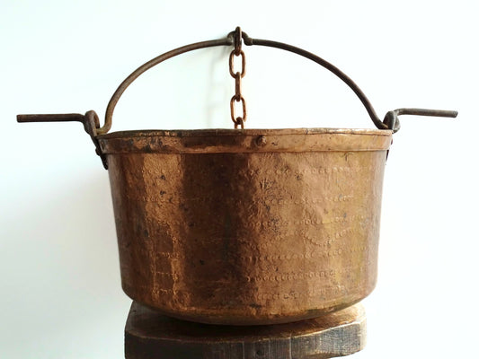 Huge French antique copper cauldron with wrought iron handle and chain, winemaker's cauldron with hammered copper body. 