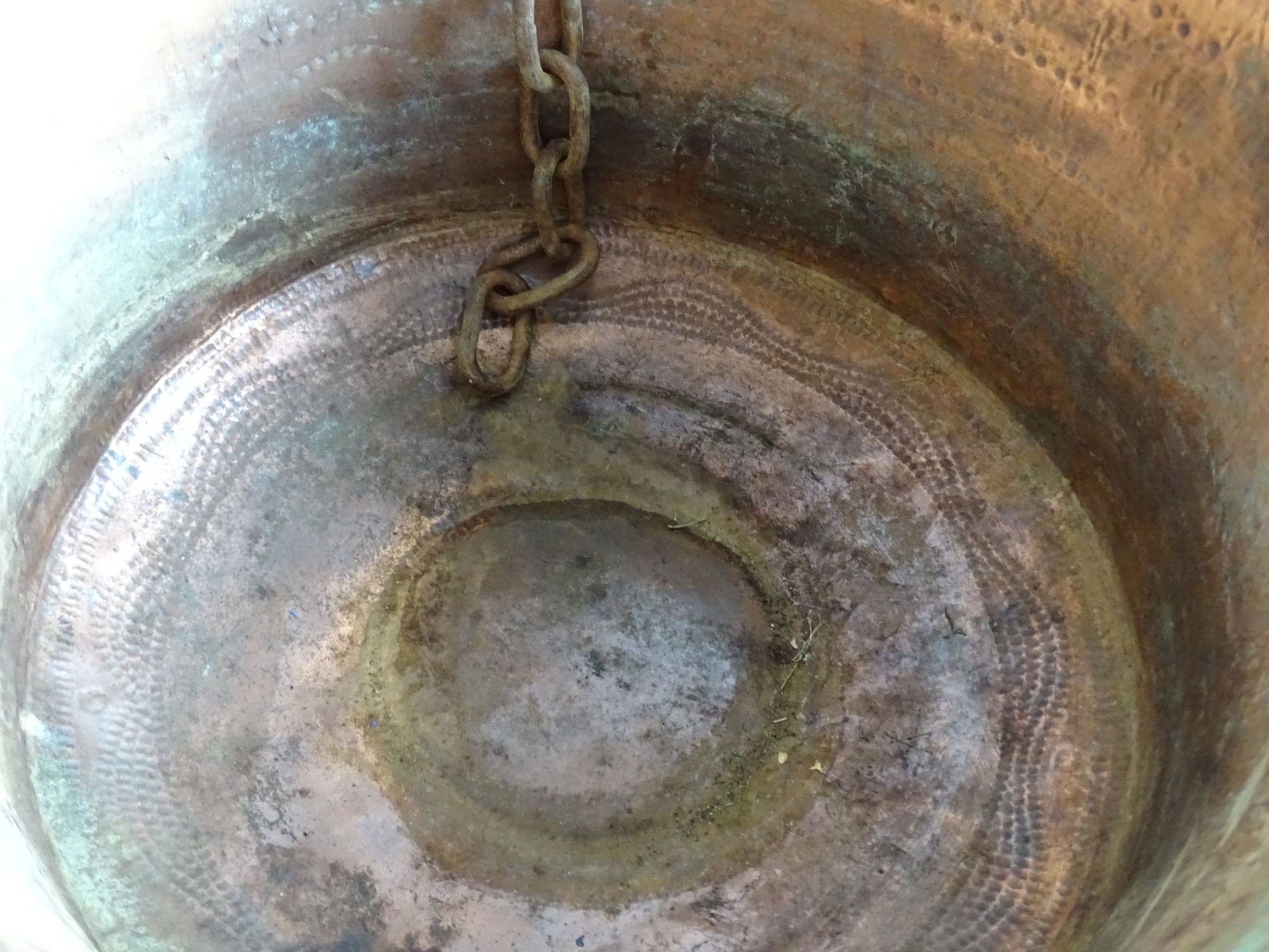 Huge French antique copper cauldron with wrought iron handle and chain, winemaker's cauldron with hammered copper body. 