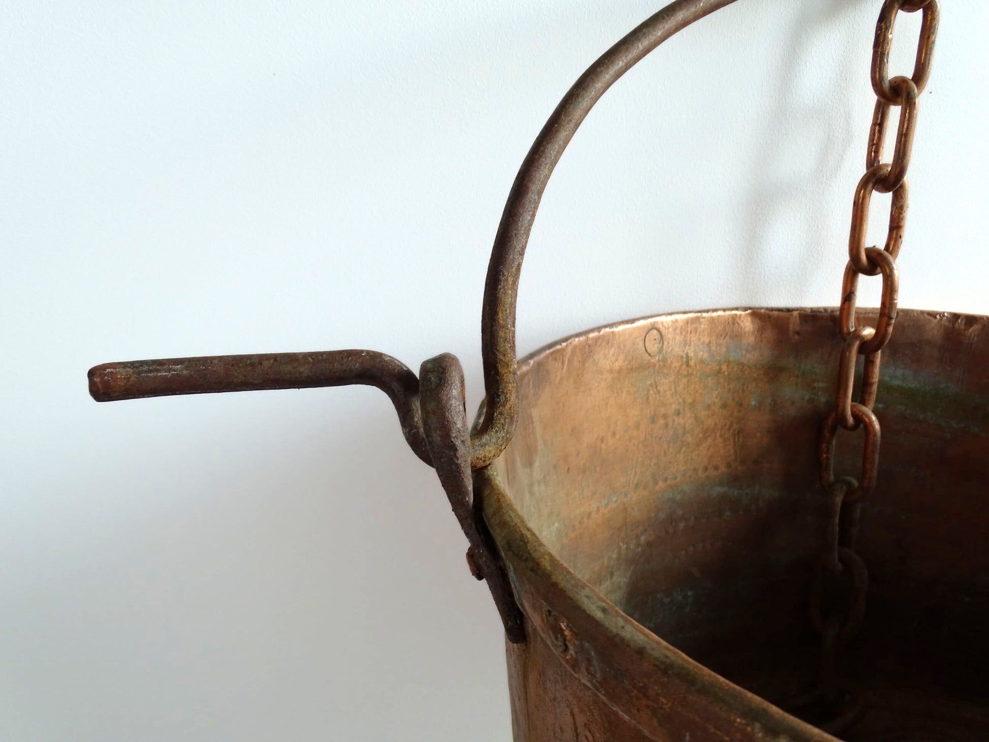 Huge French antique copper cauldron with wrought iron handle and chain, winemaker's cauldron with hammered copper body. 