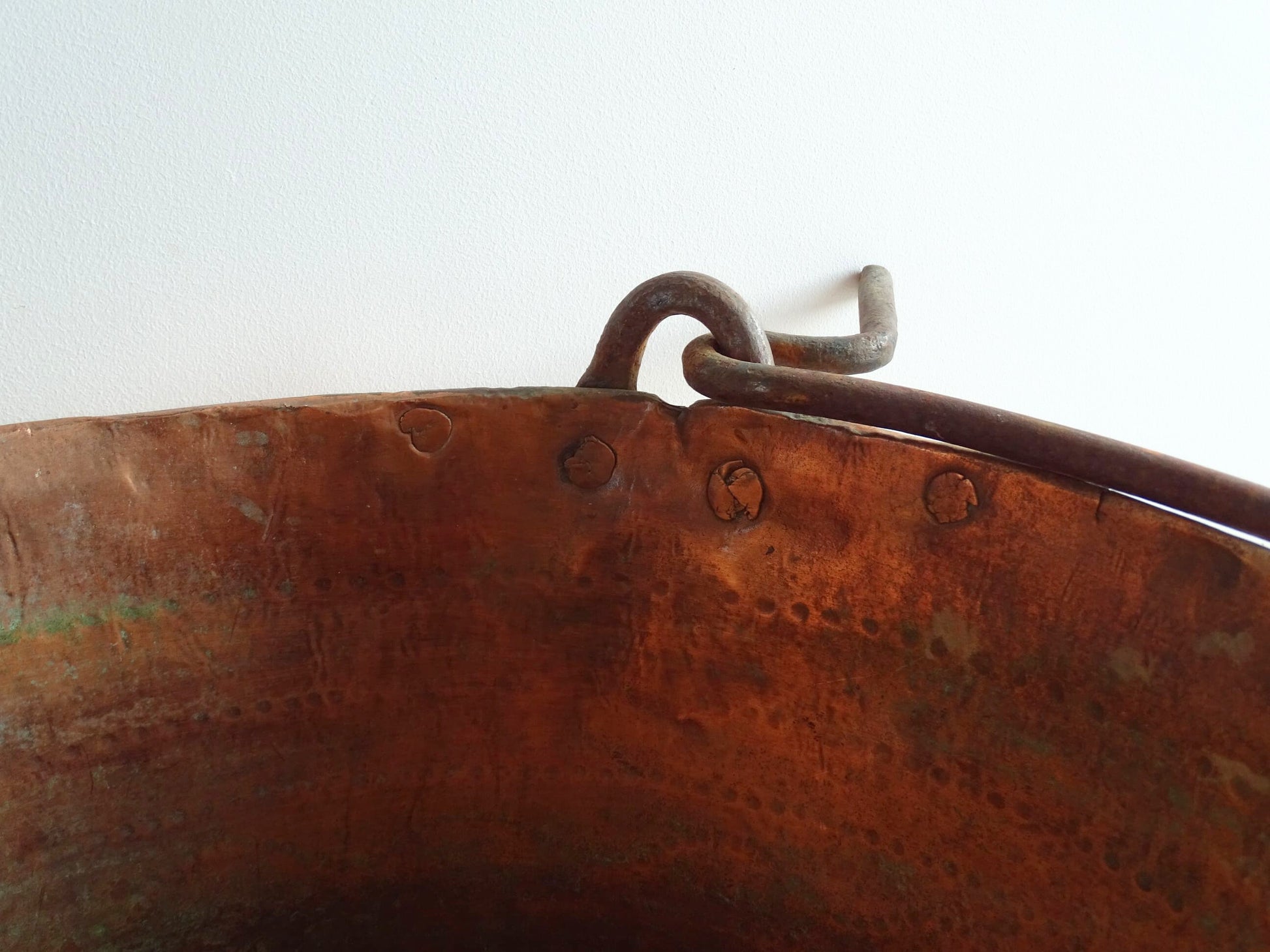 Huge French antique copper cauldron with wrought iron handle and chain, winemaker's cauldron with hammered copper body. 