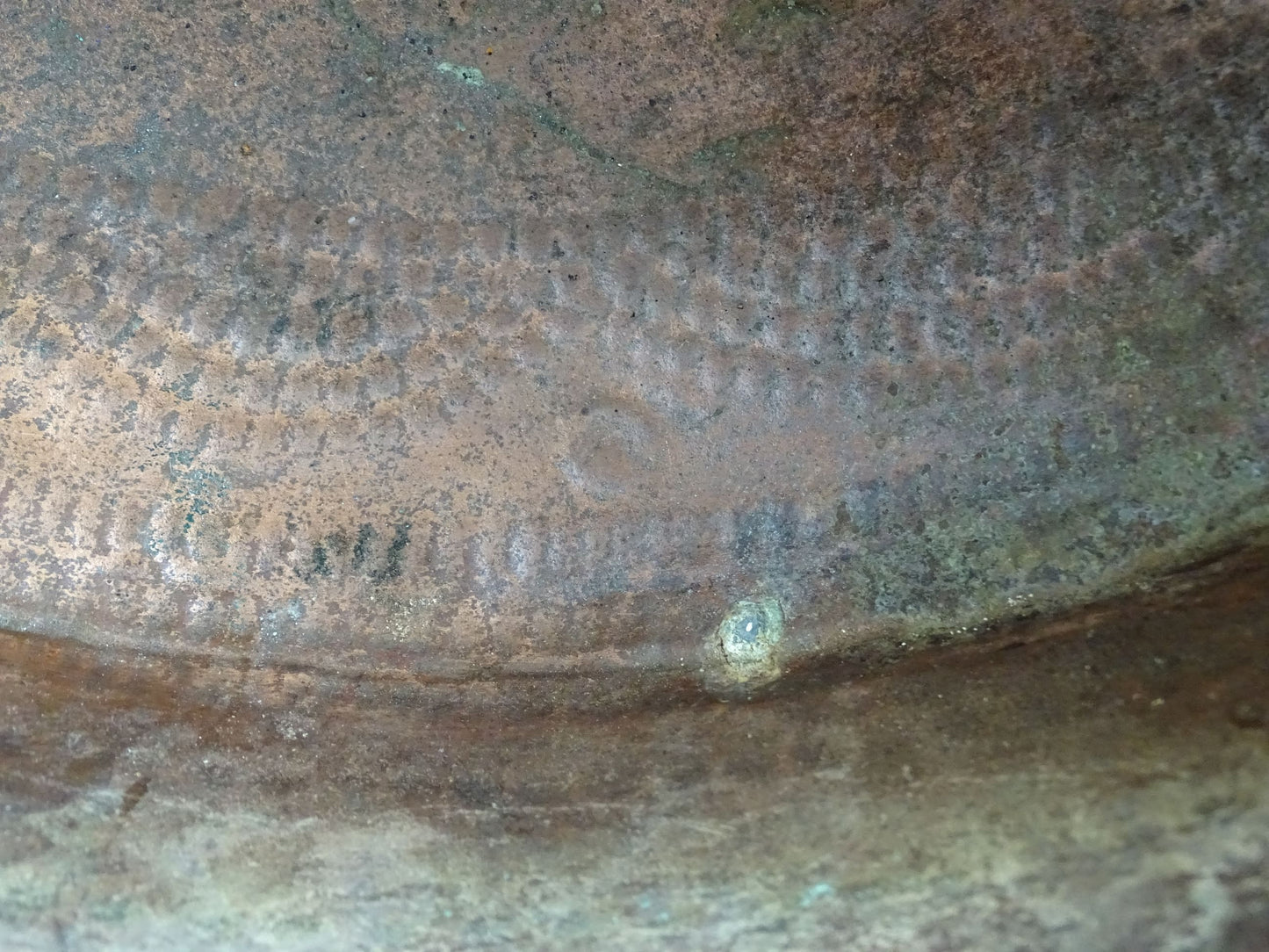 Huge French antique copper cauldron with wrought iron handle and chain, winemaker's cauldron with hammered copper body. 