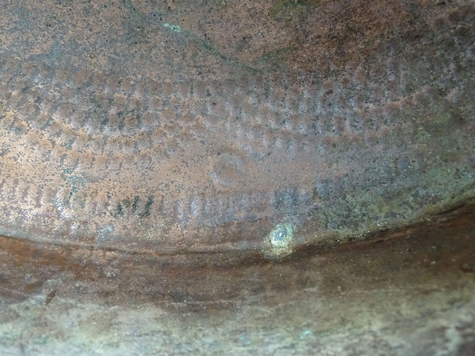 Huge French antique copper cauldron with wrought iron handle and chain, winemaker's cauldron with hammered copper body. 