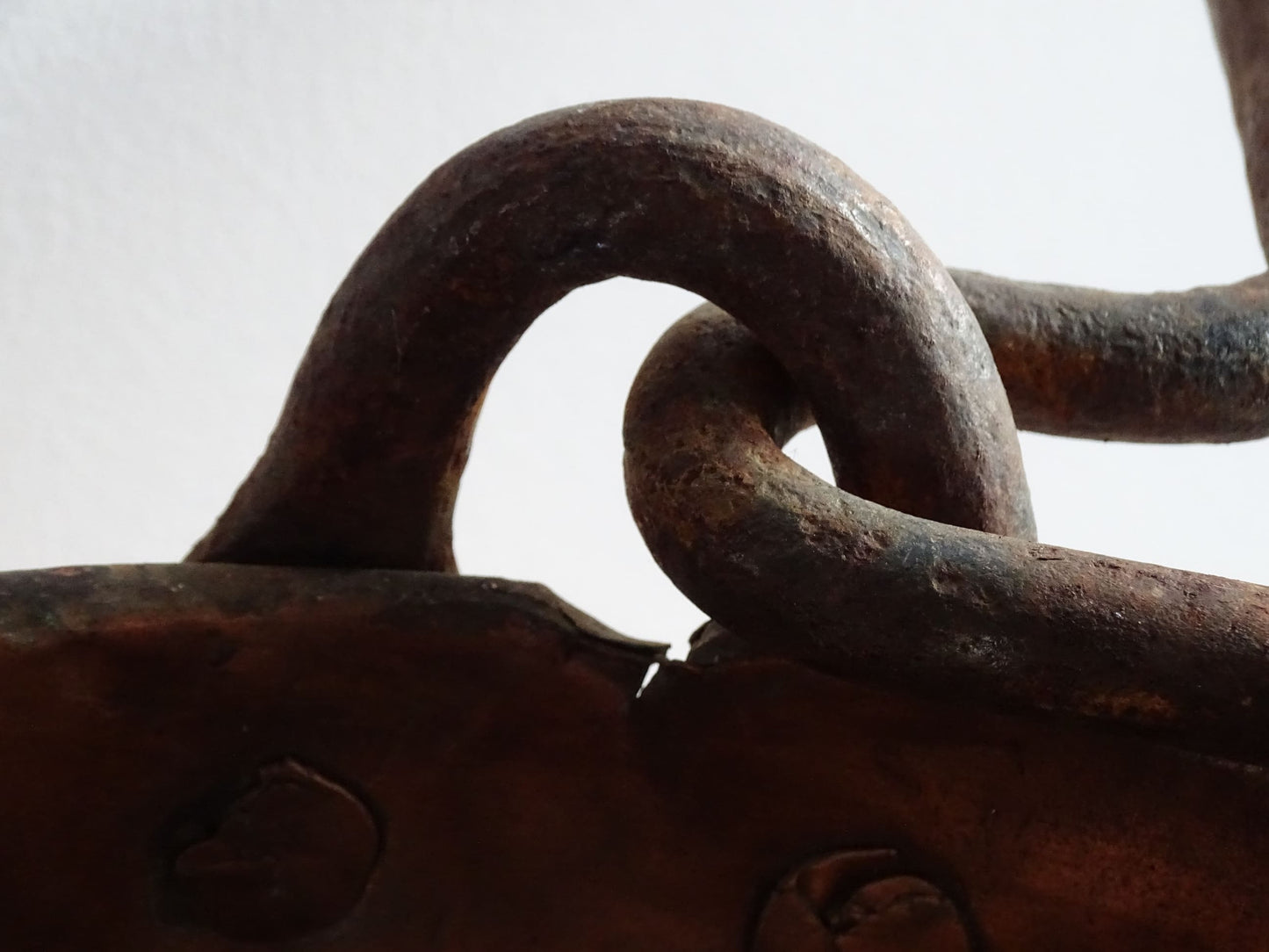 Huge French antique copper cauldron with wrought iron handle and chain, winemaker's cauldron with hammered copper body. 