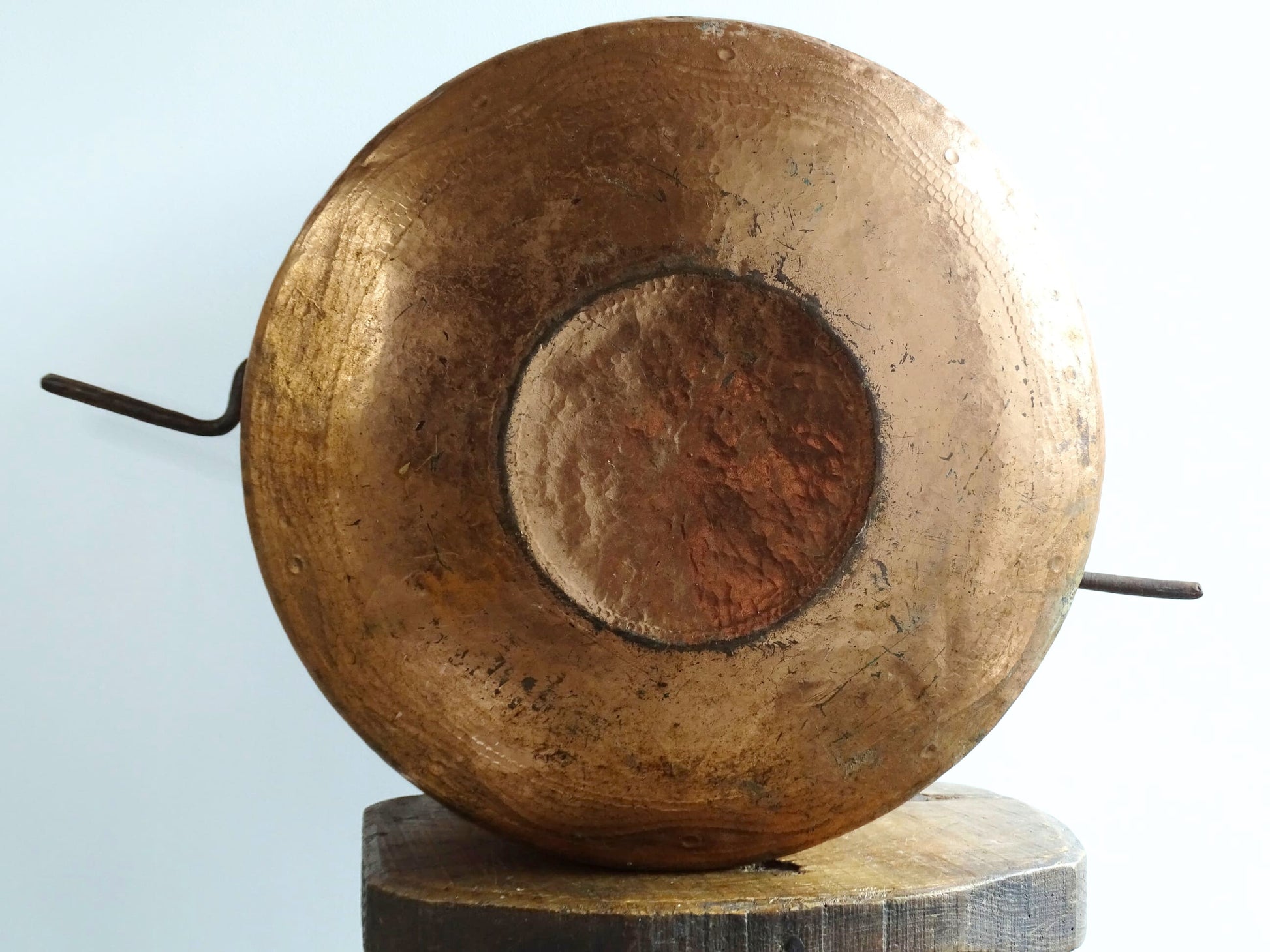 Huge French antique copper cauldron with wrought iron handle and chain, winemaker's cauldron with hammered copper body. 