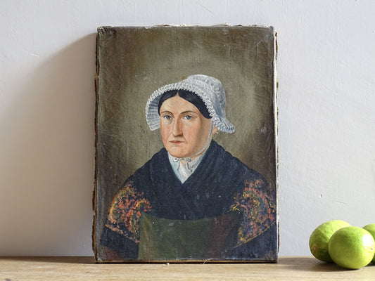 French Antique Portrait Painting of a Lady, Folk Art Portrait 19th c