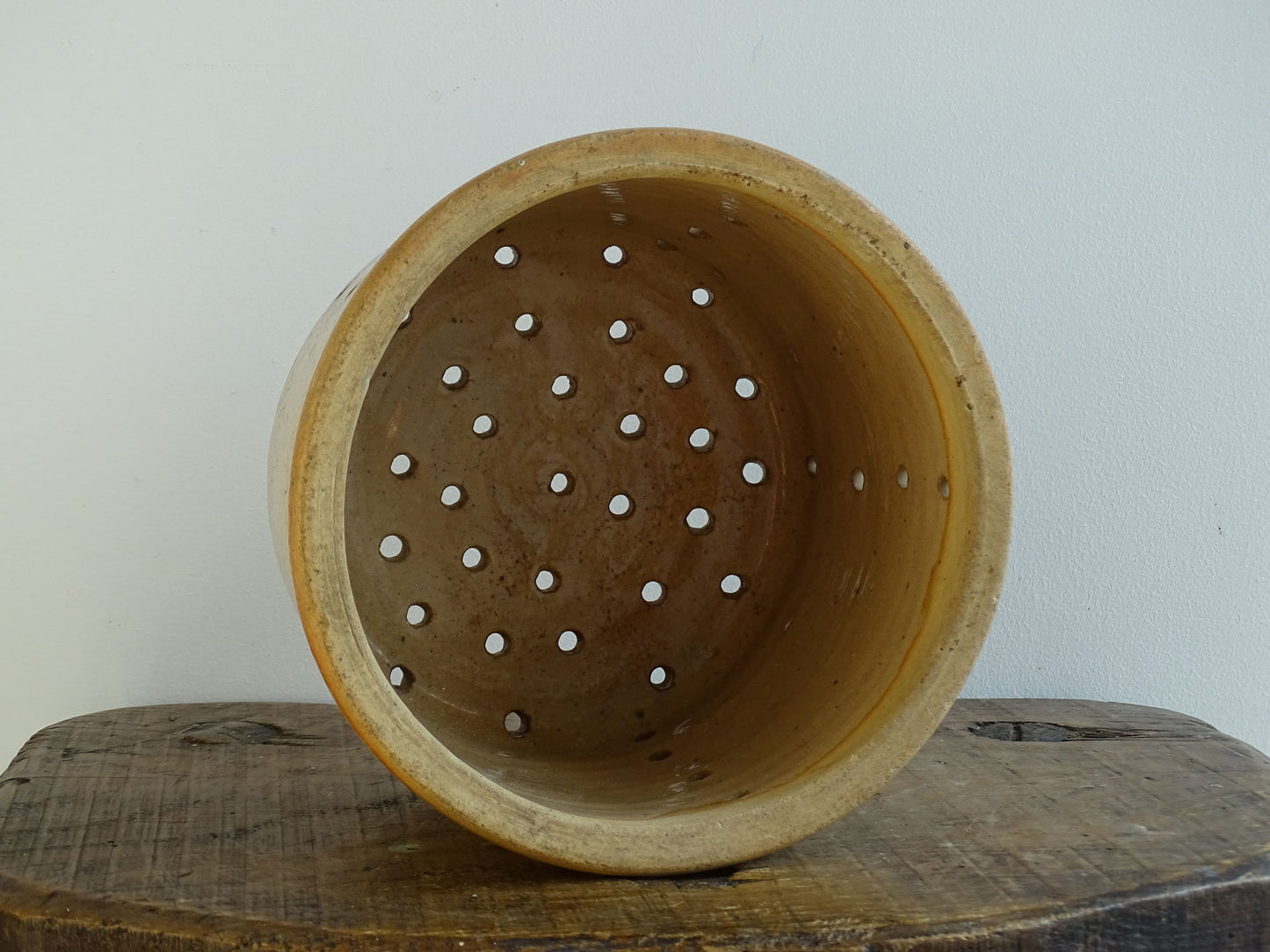 Large French Antique Faisselle Cheese Strainer and orange tone glaze