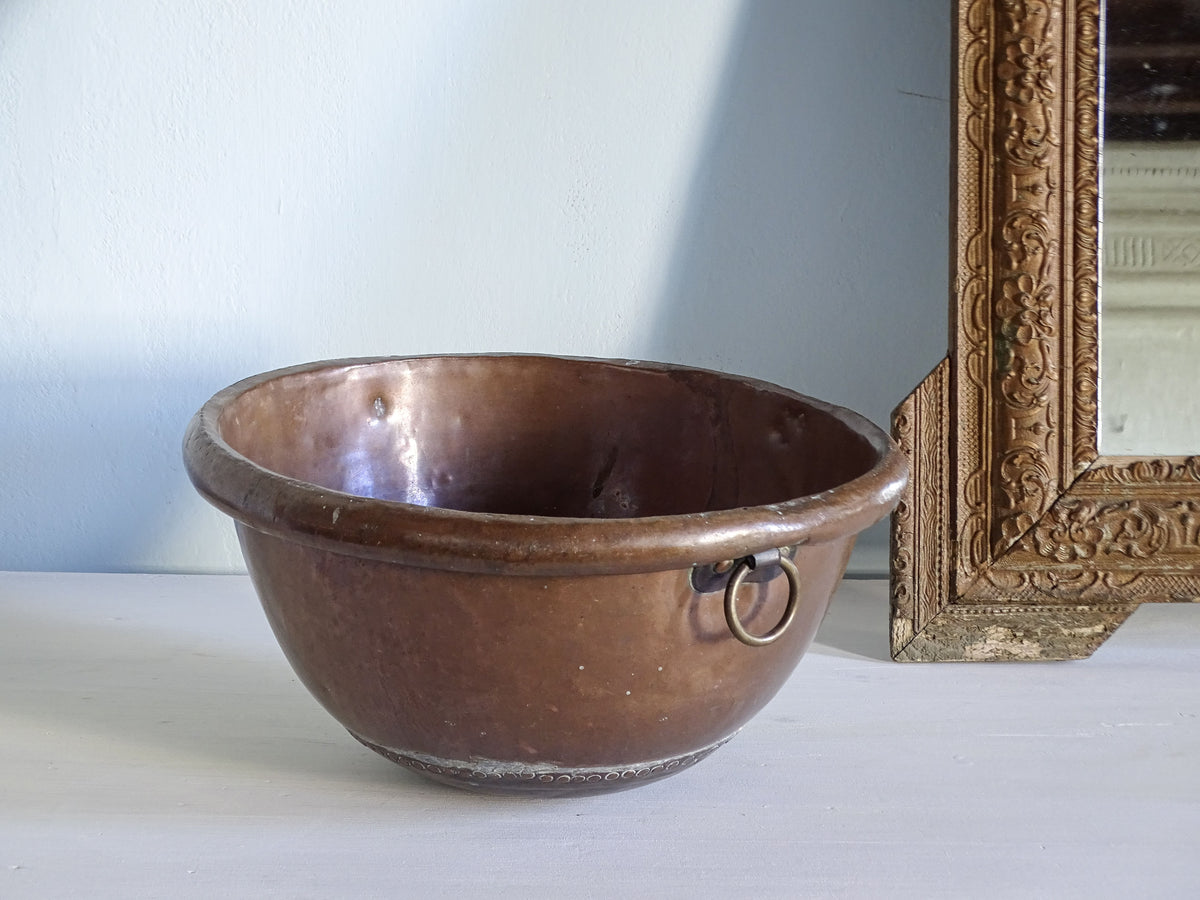 French antique copper bowl with curved base and ring handle