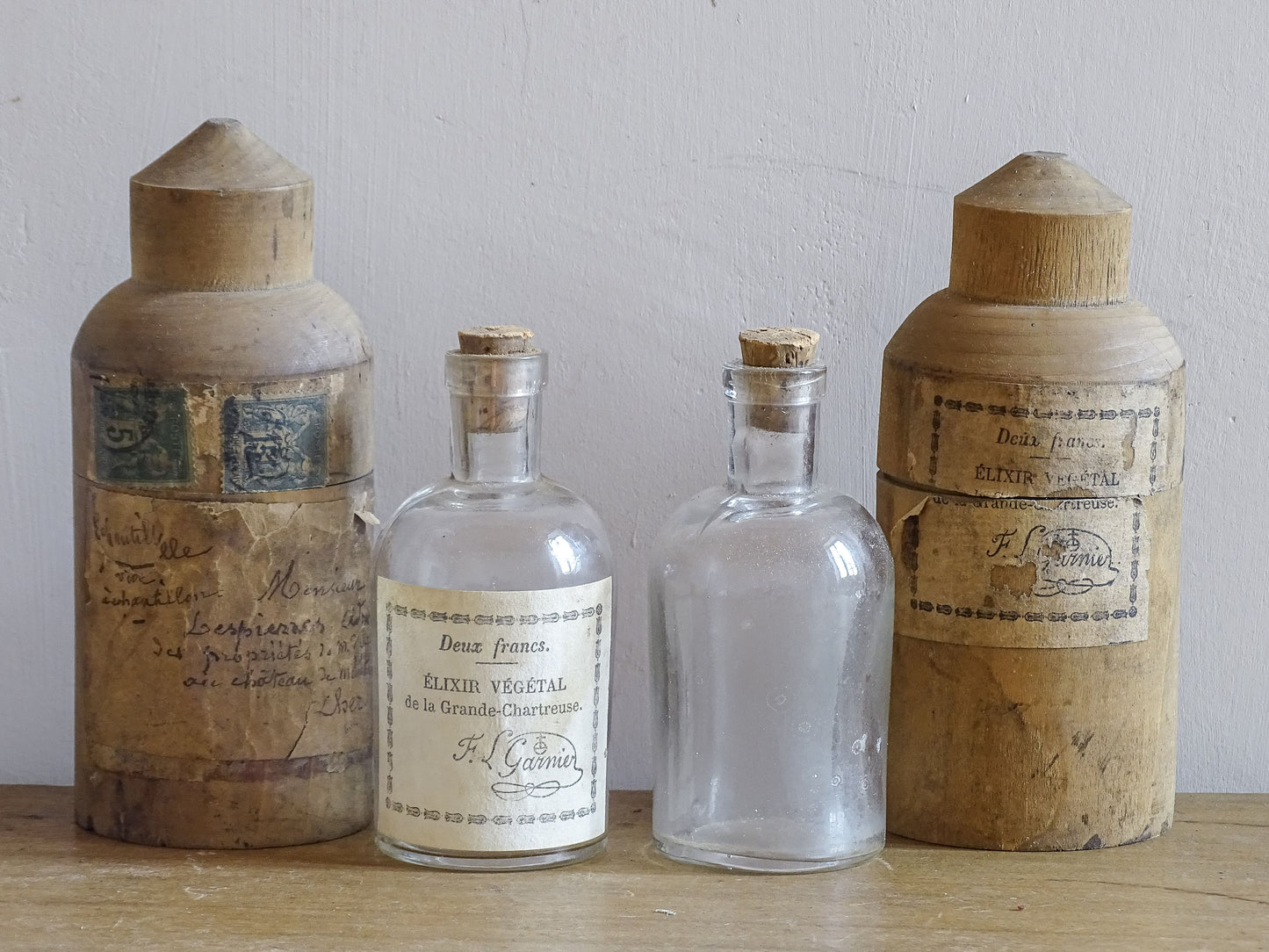 Two Antique French Glass Vials in Wooden Cases, Antique glass bottles, Elixir Végétal de la Grand-Chartreuse