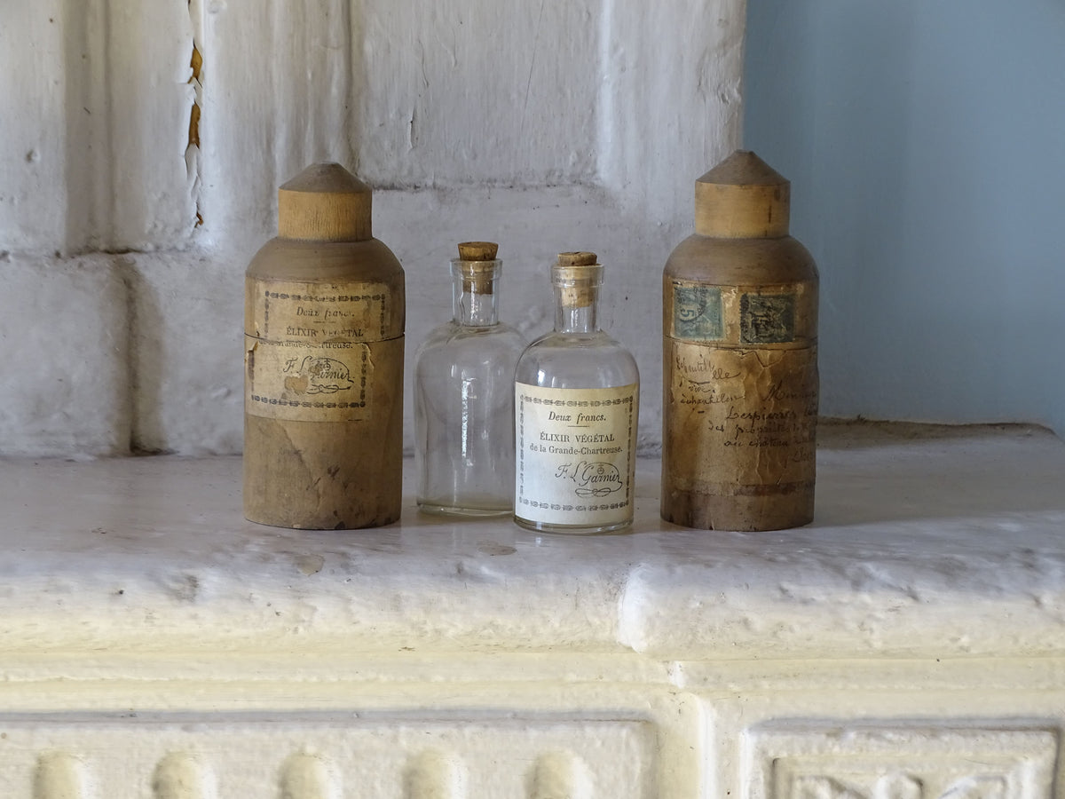 French antique glass vials in wooden cases curio