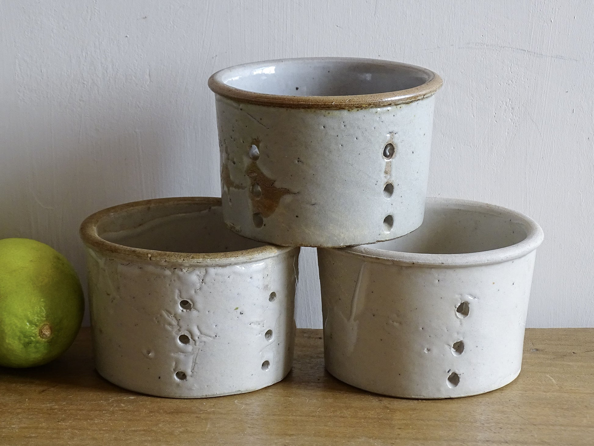 Trio of French antique pottery faisselles for making cheese, French antique kitchen decor