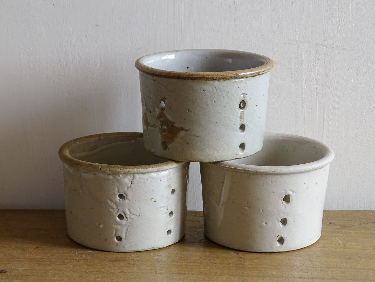 Trio of French antique pottery faisselles for making cheese, French antique kitchen decor