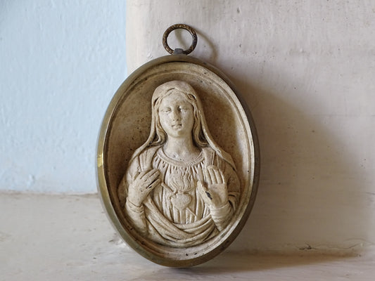 Antique Plaster Relief of the Sacred Heart of Mary Encased in a Brass Frame