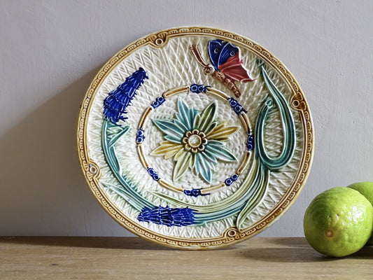 French antique barbotine majolica plate with floral and leaf motif