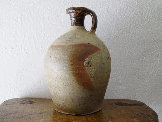 French antique pottery oil pitcher with brown glaze, rustic pottery jug