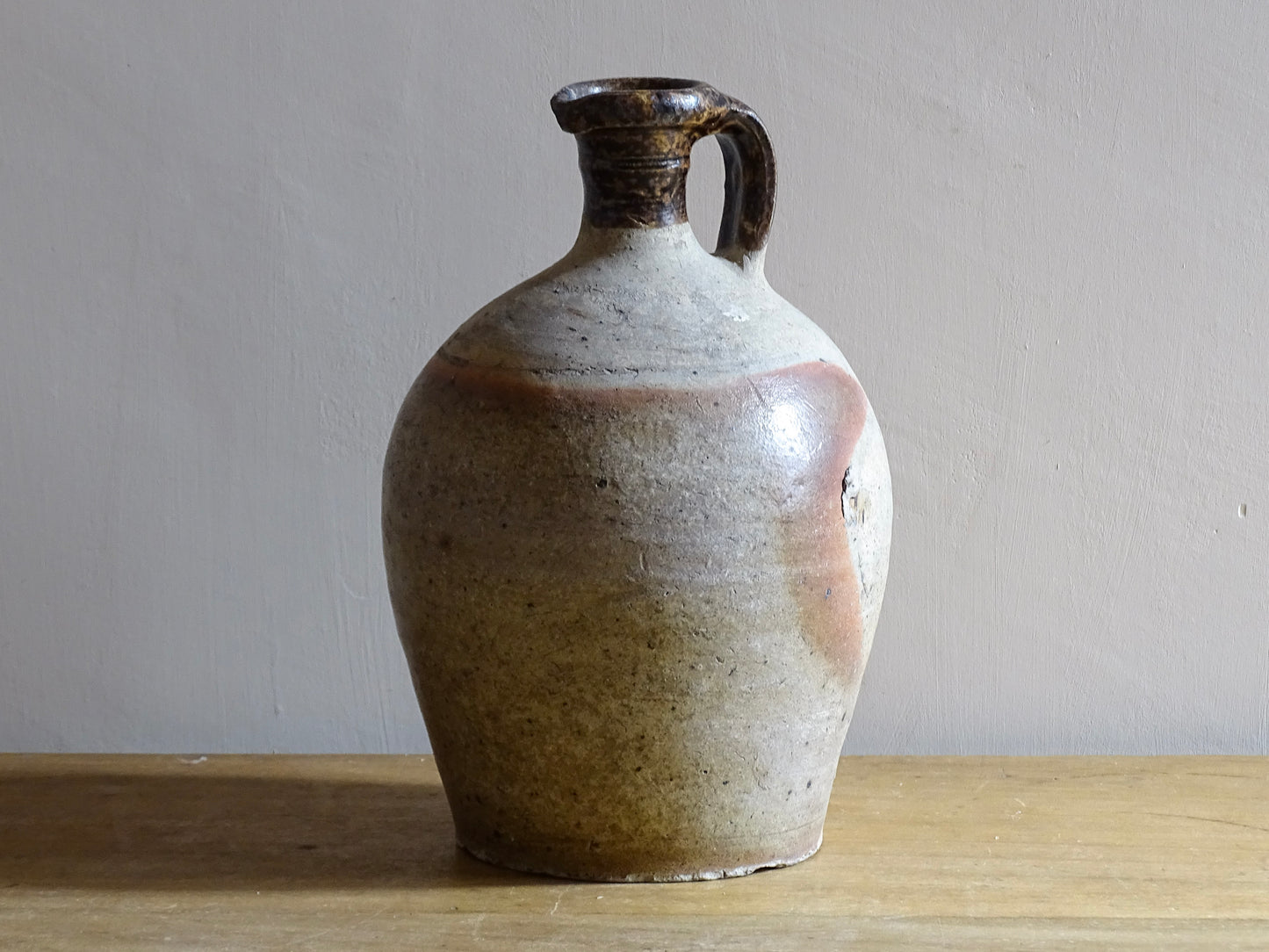 French antique pottery oil pitcher with brown glaze, rustic pottery jug