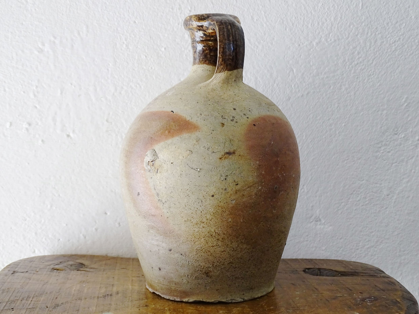 French antique pottery oil pitcher with brown glaze, rustic pottery jug