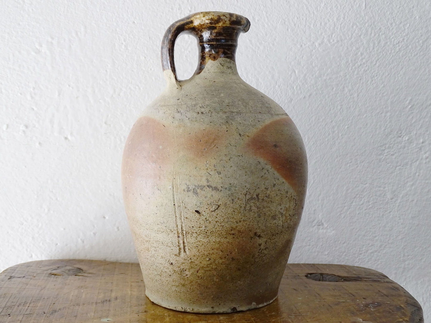 French antique pottery oil pitcher with brown glaze, rustic pottery jug