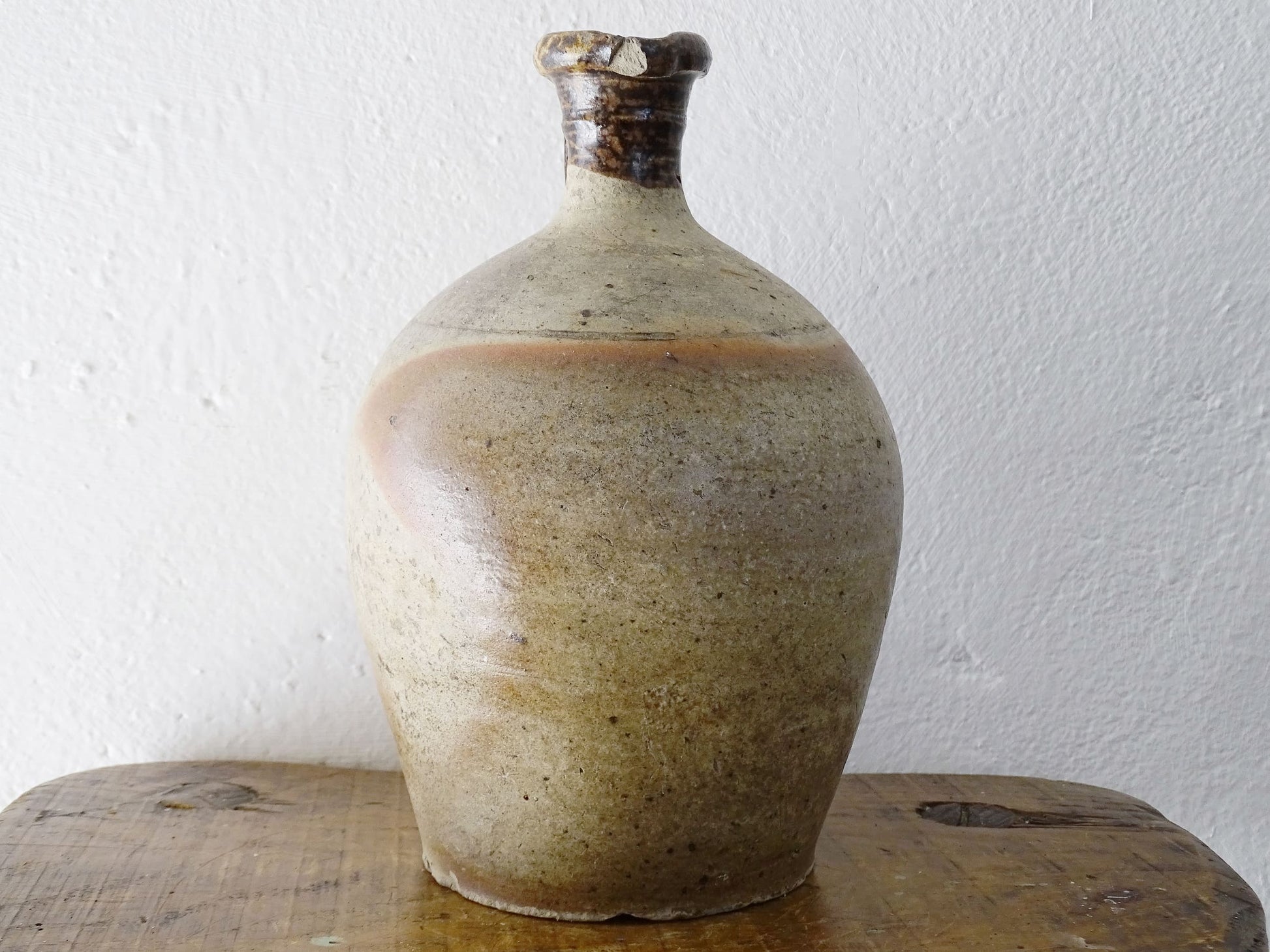 French antique pottery oil pitcher with brown glaze, rustic pottery jug