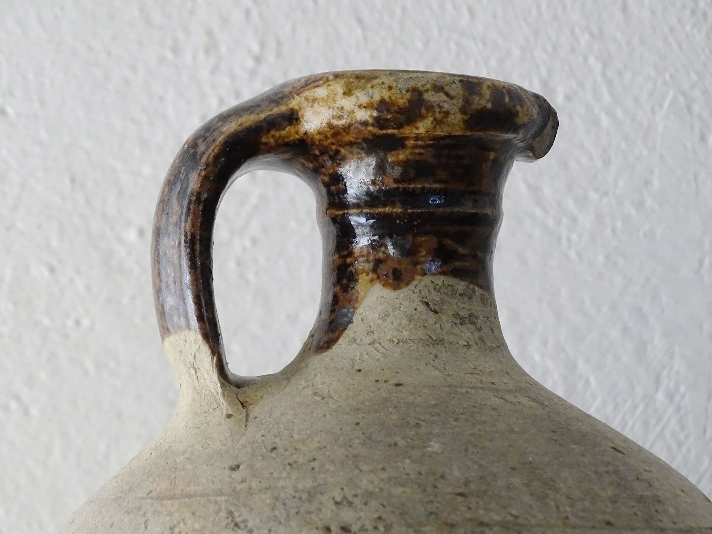 French antique pottery oil pitcher with brown glaze, rustic pottery jug