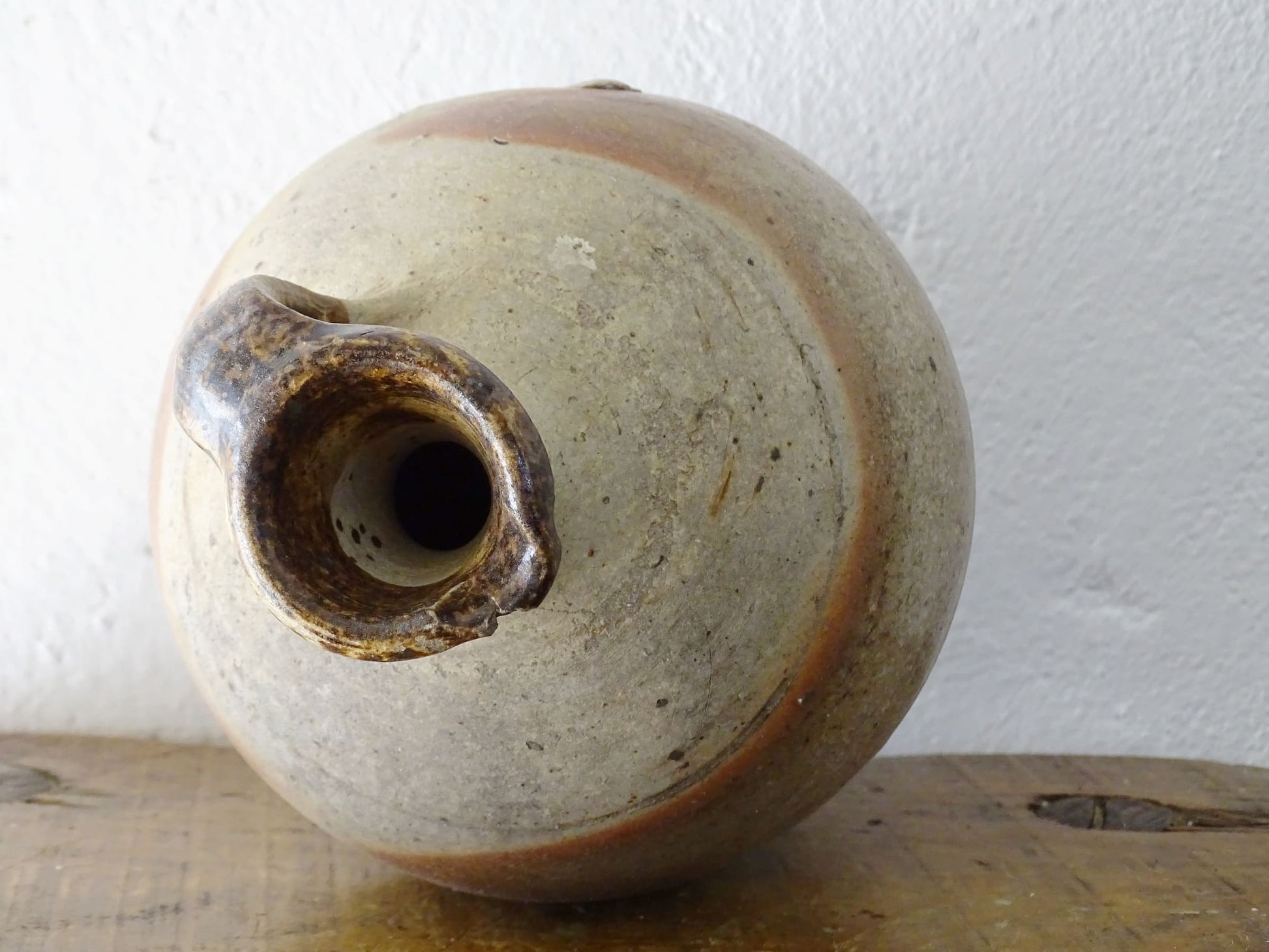 French antique pottery oil pitcher with brown glaze, rustic pottery jug