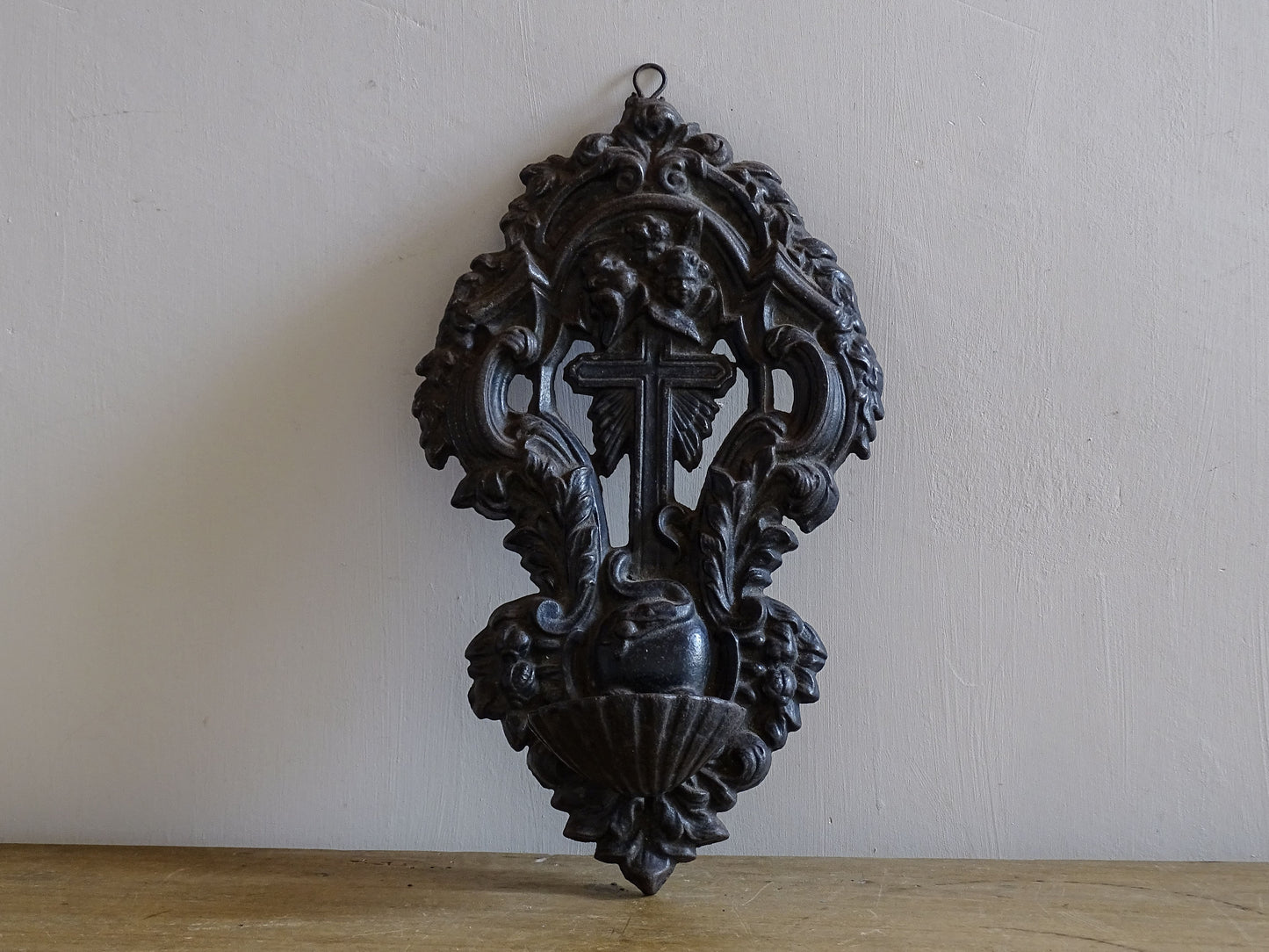 French antique cast metal wall font or benitier 