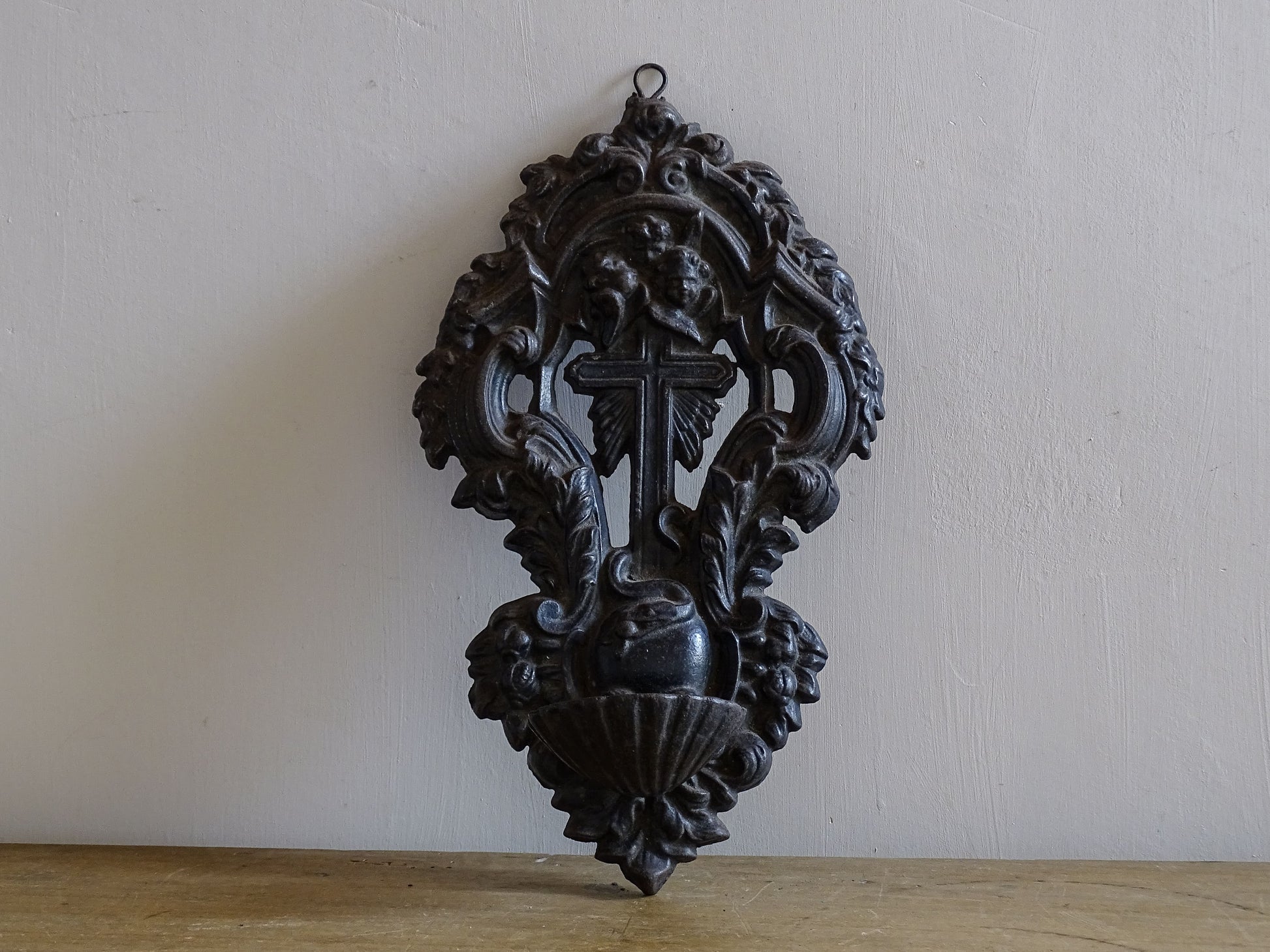 French antique cast metal wall font or benitier 
