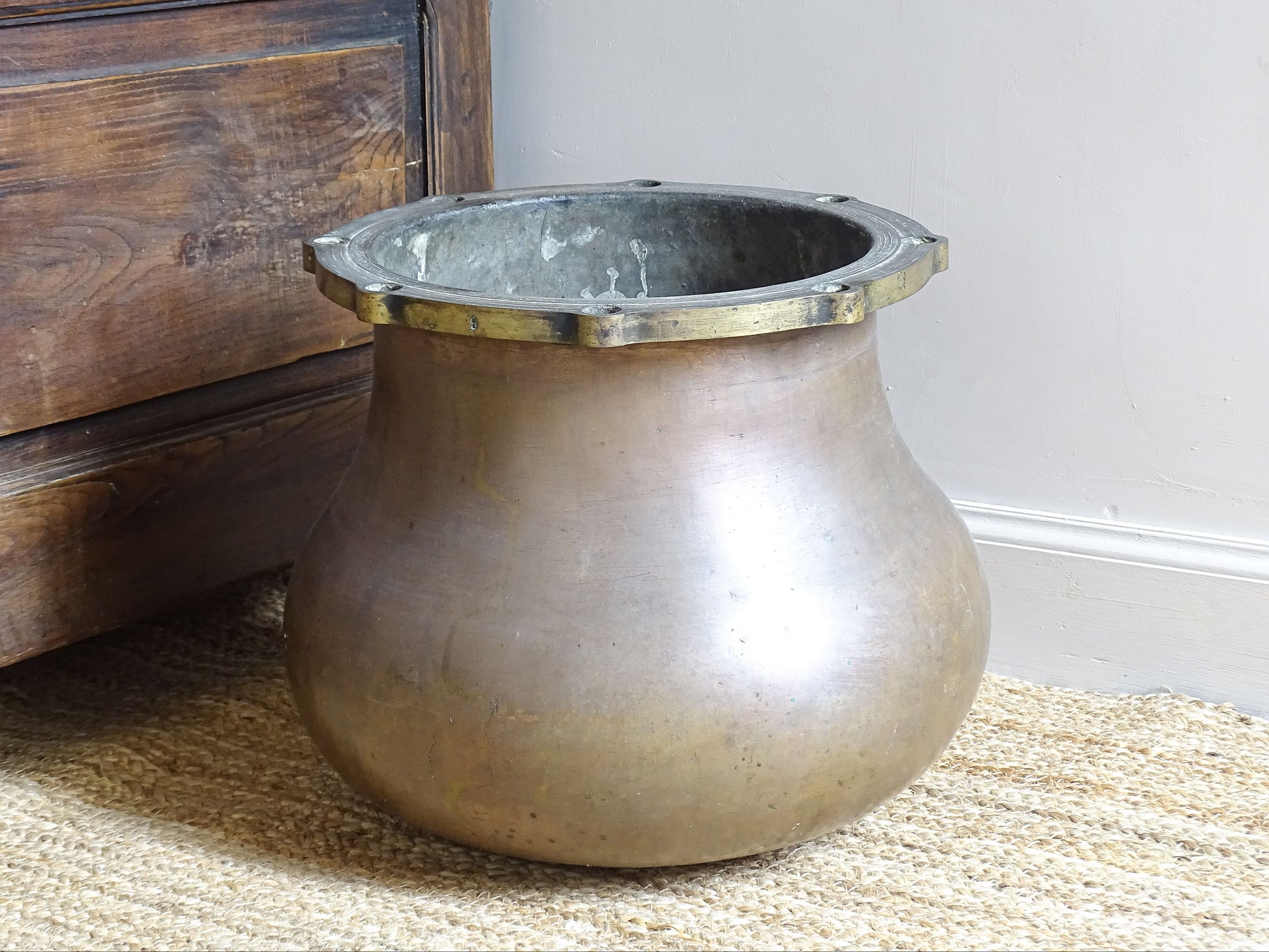 Extra Large French Antique Copper Pot with Brass Top and Curved Base