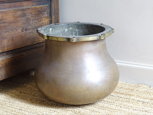 Extra Large French Antique Copper Pot with Brass Top and Curved Base