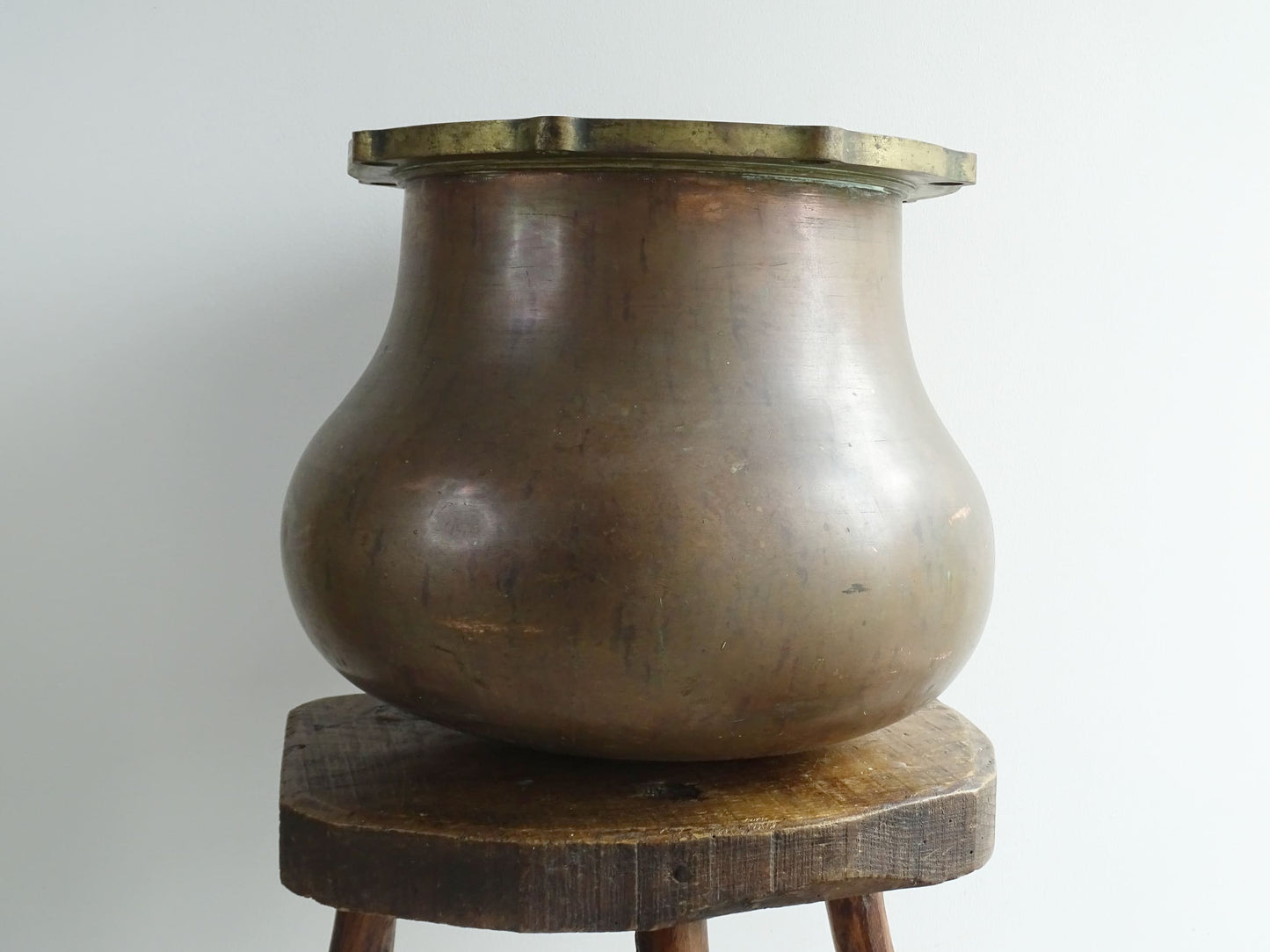 Extra Large French Antique Copper Pot with Brass Top and Curved Base