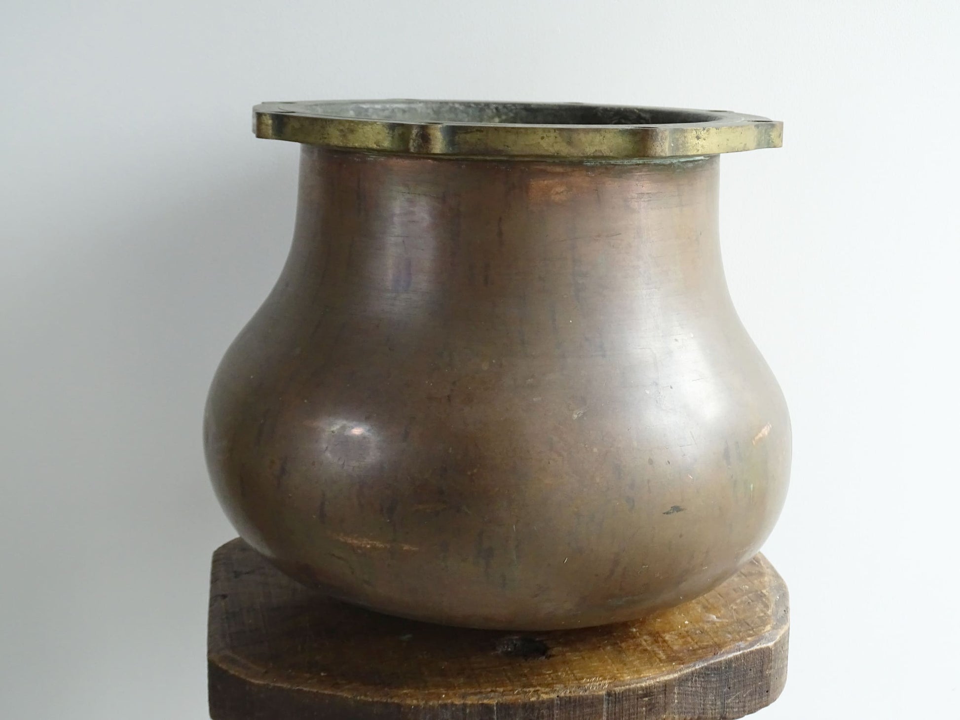 Extra Large French Antique Copper Pot with Brass Top and Curved Base