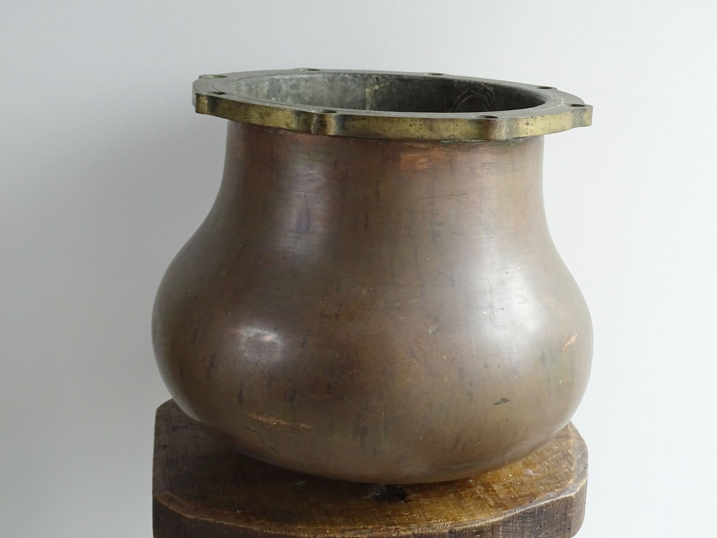 Extra Large French Antique Copper Pot with Brass Top and Curved Base