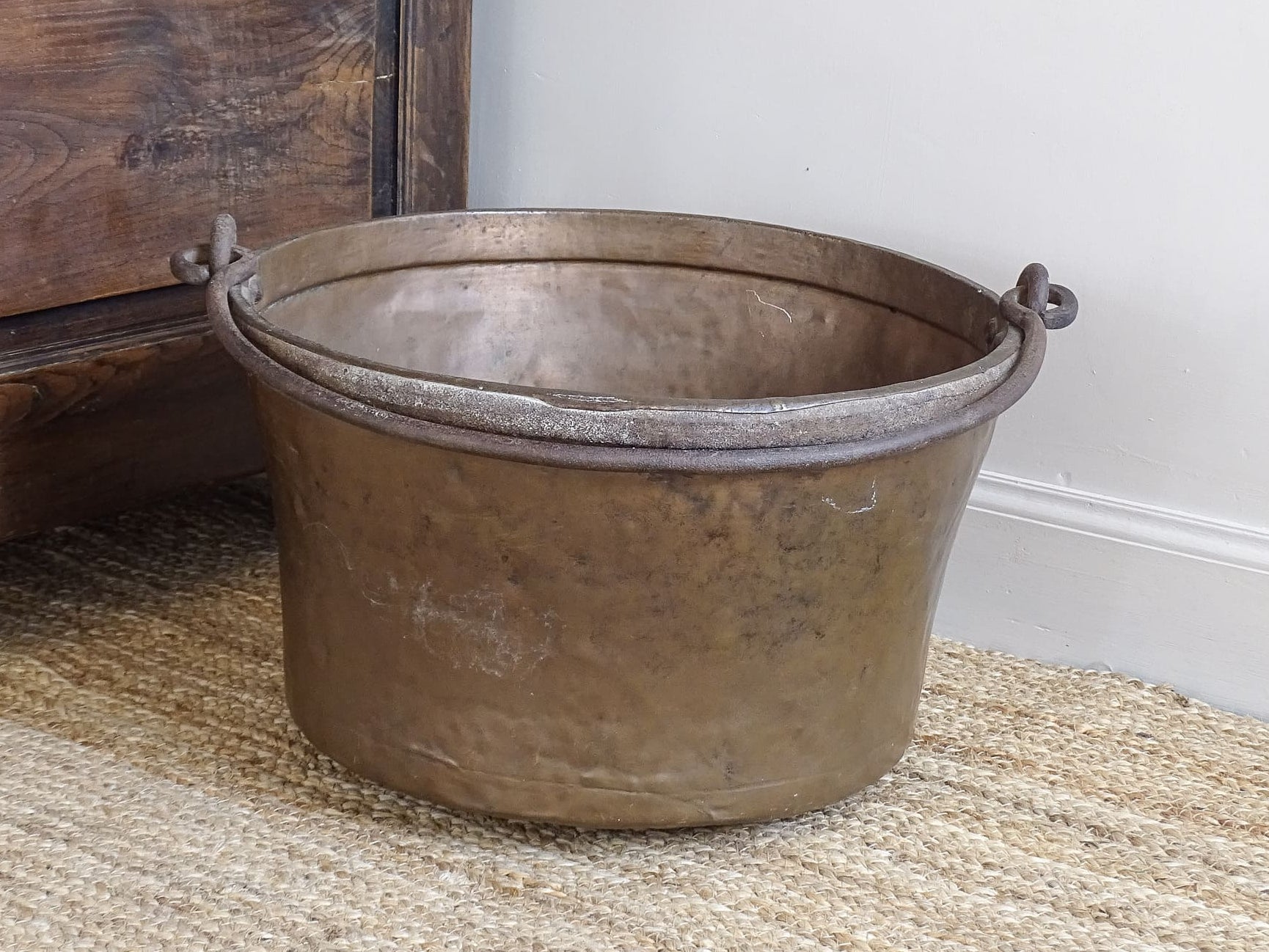 Large Antique French Copper Cauldron or Cooking Pot with Wrought Iron Handle
