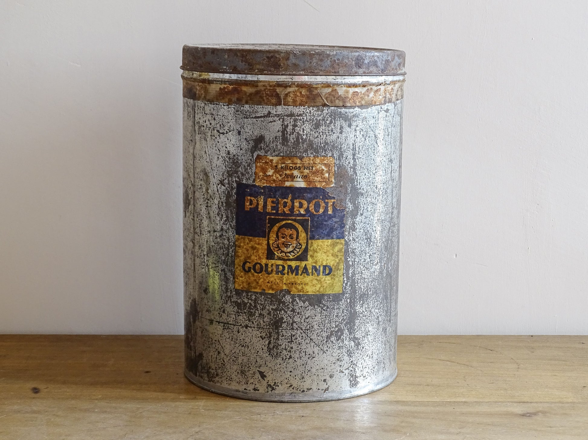 Vintage French Shop Display Pierrot Gourmand Tin, Silver Tin