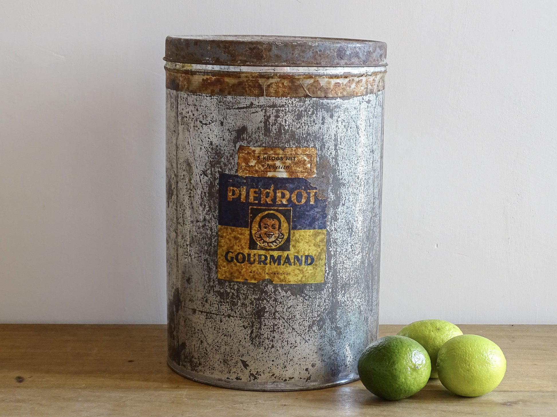 Vintage French Shop Display Pierrot Gourmand Tin, Silver Tin