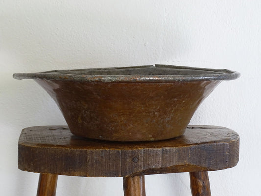 French antique tinned copper bowl with timeworn patina. Antique bowl that would make a rustic table centrepiece in French country farmhouse aesthetic.