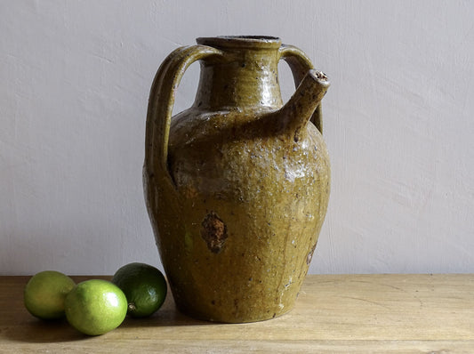 French antique walnut jug with green glaze and two handles with large spout