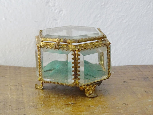 Antique French Bevelled Glass Hexagonal Trinket Box with Emerald Green Silk Cushion