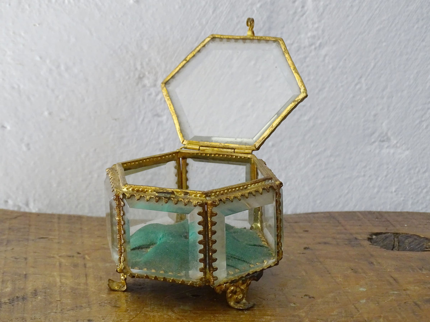 Antique French Bevelled Glass Hexagonal Trinket Box with Emerald Green Silk Cushion