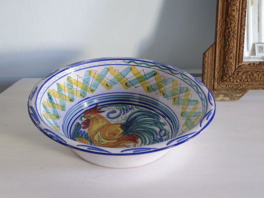 Spanish vintage ceramic lebrillo from Triana with cockerel and geometric pattern 